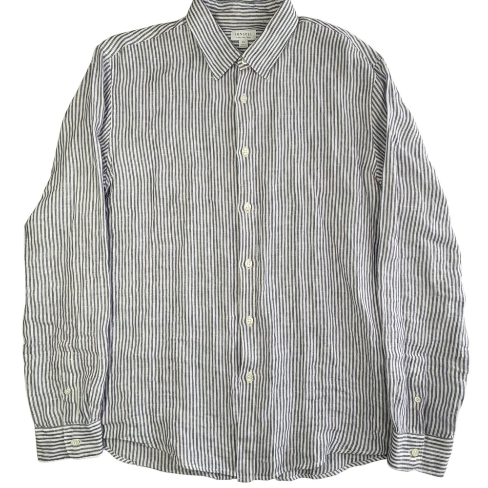 Sunspel 100% Linen Long Sleeve Shirt Mens XL Navy White Stripe Portugal NWT